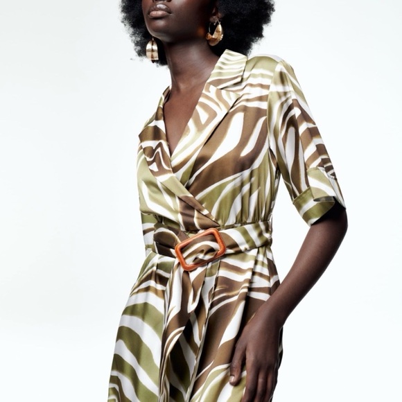 Zara Animal Print Shift Midi Dress Medium V Neck Belted Notched Collar Faux Wrap - Picture 4 of 17